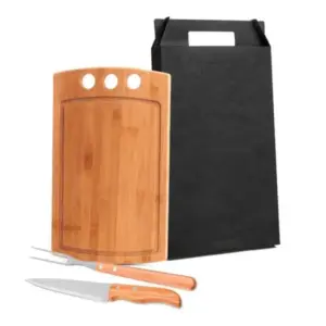 Conj. Para Churrasco Em Bambu / Madeira / Inox - 3 Pçs