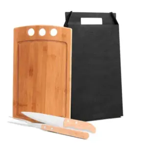 Conj. Para Churrasco Em Bambu / Madeira / Inox - 3 Pçs