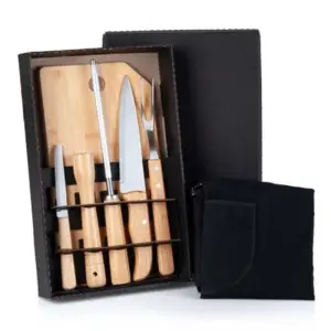Kit Para Churrasco Em Bambu / Madeira / Inox Com Avental- 8 Pçs