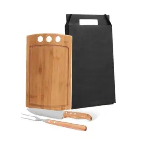 Conj. Para Churrasco Em Bambu / Madeira / Inox - 3 Pçs