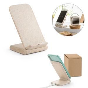 MAXWELL. Suporte para celular com carregador por indução super-rápido (15W), em fibra de palha de trigo e ABS