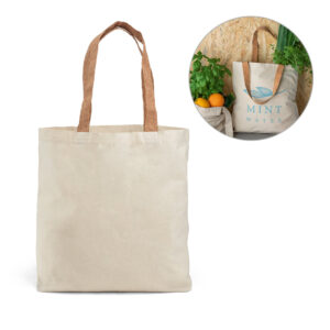 FERIA. Sacola 100% algodão (180 g/m²) com alças em cortiça e bolso interior