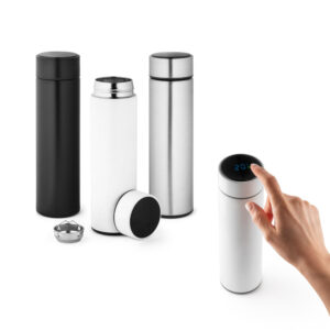 ROSSI. Garrafa térmica em aço inox de parede dupla isolada a vácuo, com termômetro digital (450 mL)