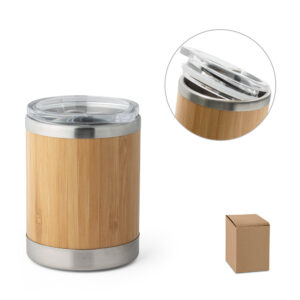 LYCKA. Copo de viagem térmico em aço inox e bambu, de parede dupla isolada a ar e fecho deslizante (350 mL)