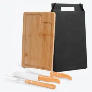 Conj. Para Churrasco Em Bambu /madeira / Inox Dallas - 4 Pçs