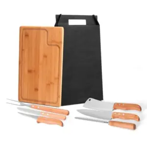 Conj. Para Churrasco Em Bambu / Madeira / Inox Texas - 7 Pçs