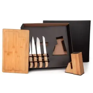 Conjunto Para Cozinha Com Cepo Em Bambu / Madeira / Inox - 6 Pçs