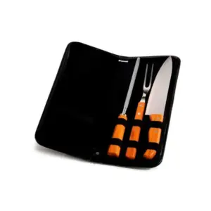 Conj. Garfo, Faca E Chaira Em Bambu / Madeira / Inox Com Estojo - 4 Pçs