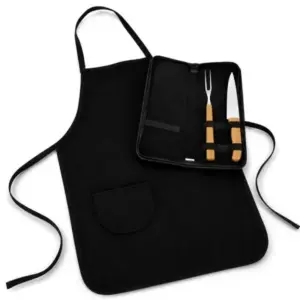 Kit Garfo, Faca Inox/bambu Com Estojo E Avental - 4 Pçs
