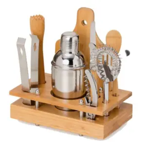Conjunto Para Bar Em Bambu / Madeira / Inox - 8 Pçs
