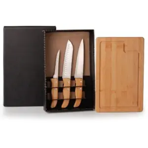 Kit Para Churrasco/cozinha Em Bambu / Madeira / Inox - 4 Pçs