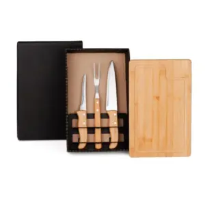 Kit Para Churrasco Em Bambu / Madeira / Inox - 4 Pçs