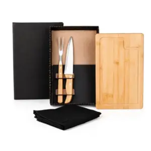 Kit Para Churrasco Em Bambu / Madeira / Inox Com Avental - 4 Pçs