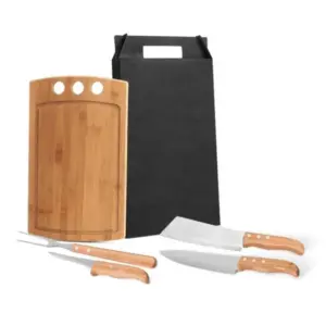 Conjunto Para Churrasco E Cozinha Em Bambu / Madeira / Inox - 5 Pçs