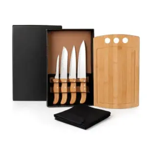 Kit Para Cozinha Em Bambu / Madeira / Inox Com Avental - 6 Pçs