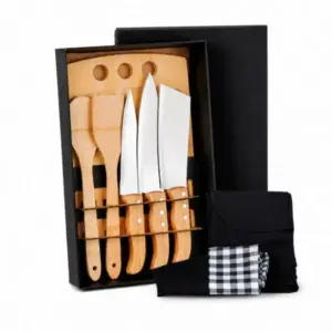 Kit Para Cozinha Em Bambu / Madeira / Inox Com Avental E Touca - 8 Pçs