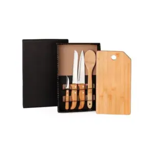 Kit Para Cozinha/pão Em Bambu/inox- 5 Pçs