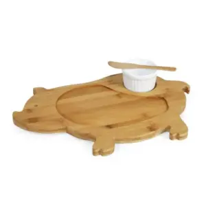 Kit Petisco Em Bambu / Porcelana Com Tábua Formato Porco