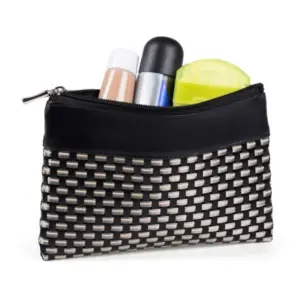 Necessaire Em Pvc E Material Sintético - Preto / Xadrez Bege - 19x14 Cm